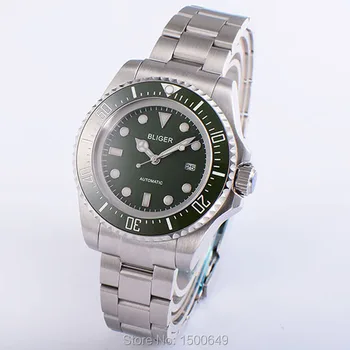 BLIGER 43mm Veľká zelená Keramická Fazeta Dátum Deň zelená dial Oceľové pásy automatické pánske hodinky