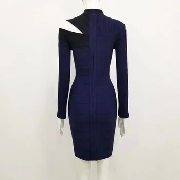 Zimné Móda Sexy Dlhý Rukáv Turtleneck Vystrihnúť Modrá Bodycon Obväz Šaty 2020 Dizajnér Elegantné Večerné Party Šaty Vestido