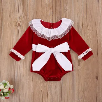 2020 Jeseň Nové Novorodenca Baby Girls Long Sleeve Romper Jumpsuit Oblečenie Sunsuit Red Velvet Ležérne Oblečenie Tlačidlo 0-24M