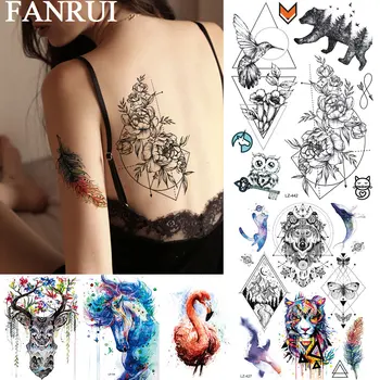 FANRUI Geometrické Body Art Muži Ženy Dočasné Tetovanie Nálepky Kompas Kvet Kolibrík Tatoos Nepremokavé Rameno Nohu Falošné Tetovanie