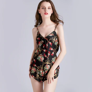 Nový Ženy Pyžamo Nastaviť Elegantný kvetinový tlač Satin Špagety Popruh Oblečenie Letné hodváb Sleepwear Top + Šortky sexy spodnú bielizeň