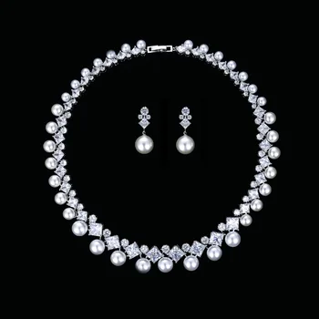 Crystal CZ Zirkónmi Svadobné Svadobné Perlový Náhrdelník Náušnice Set Šperkov Sady pre Ženy Príslušenstvo CN10130