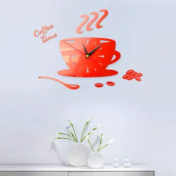 Akrylových 3D Zrkadlo Nástenné Hodiny Šálku Kávy Tvar Samolepky na Stenu Domova Európsky štýl Hodiny Quartz Hodinky Obývacej Miestnosti Dekorácie