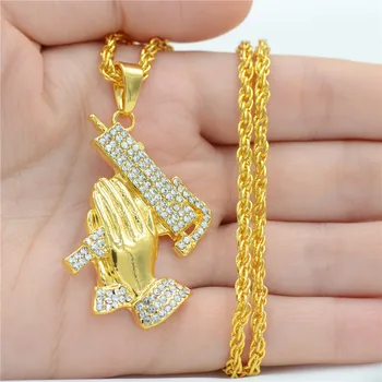 Európske a Americké módne šperky Drahokamu Šperky populárne modlitbe ruky zbraň prívesok hip hop Náhrdelník pánskej módy náhrdelník
