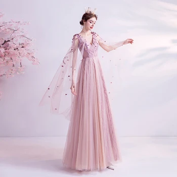 Móda ružová večerné šaty 2021 ženy dlhé šaty ples čipky tvaru župan de soirée mariage de
