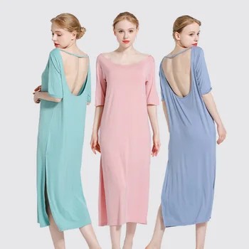 Dámske Letné Modálne Sexy Nightdress Krátky Rukáv Plus Veľkosť Voľné Farbou Backless Sleepwear Domov Dlhú Služby Nighties
