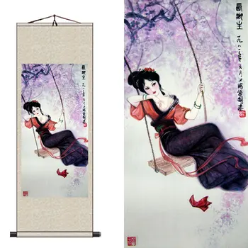 Hodváb Maľovanie, Čínsky Swing Krásy Prejdite Obrázok Fresco, Klasická Lady Maľovanie