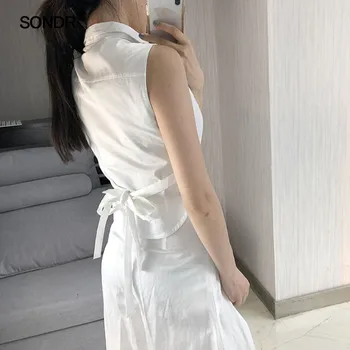SONDR Nepravidelný oka patchwork stojan golier, kravatu pás chudnutie biele tričko ženy 2019 letné šaty nové