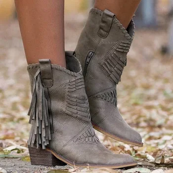 Klasické Strapec Západnej Kovbojské Topánky pre Ženy Kožené Cowgirl Topánky Nízke Podpätky, Topánky Zimné Topánky Zapatos De Mujer