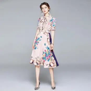 Dámske jarné letné krátky rukáv skladaný tlač šaty žena reťazca tlače stredne dlhé štíhle elegantné šaty TB568