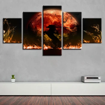 Vytlačené Plátno Obrázky Obývacia Izba Dekor 5 Kusov Červený Oheň Mesiac Smog Kôň Maľovanie Abstraktné Plagát Modulárny Wall Art Rámec