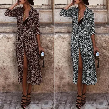 Moderné Ženy šaty s Dlhým Rukávom Obväz Bežné Leopard Tlač tvaru Štrbinou Polyester Šaty jeden kusov
