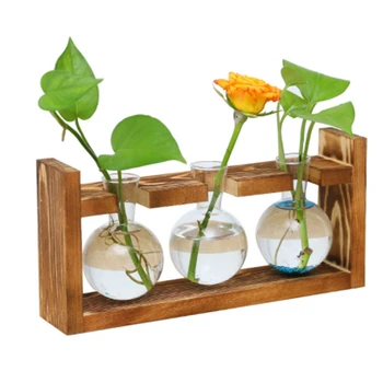 Móda-Drevený Rám Gl Váza Hydroponických Rastlín Váza Vintage Kvetináče Tabuľka Desktop Bonsai Srdce Tvar Domáce Dekorácie