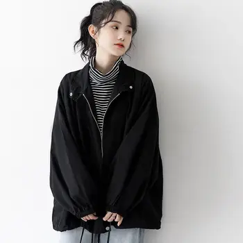 2020 všetky zápasom nový kabát žena voľné študent voľný čas trakmi, retro Hong Kong štýl, dlhý rukáv, čierna bunda