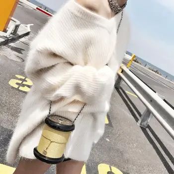 Ženské nadrozmerné Mohair stredne dlhý sveter kórejský módne voľné street style elegantný Pulóver 2020 dámske pletené sveter