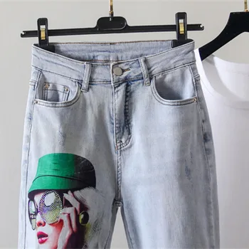 2020 Móda jar jeseň džínsy ženy vytlačené džínsové nohavice plus veľkosť bežné hárem nohavice žena light blue teľa-dĺžka nohavice 3319