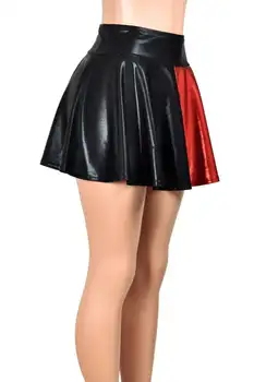 X154 Nočný Klub Klesol Black Red PU Patchwork Korčuľovanie Sukne Dievča Krátke Sukne Faux Kožené Ženy Clubwear A-Line Mini Sukne
