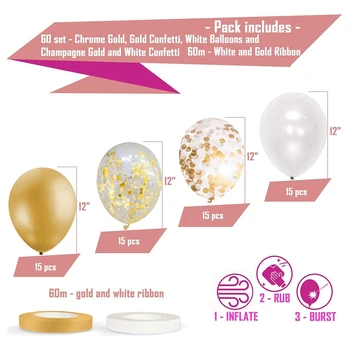 60 Pack Gold Balóny + Zlaté Balóny, Konfety so Stuhou, Balóny, Zlato Balón, Zlato Latexové Balóny, Zlaté Balóny, W