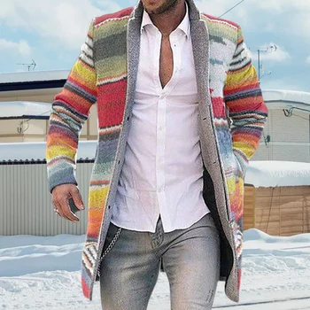 Muži Coats Windbreaker Jeseň Zima Rainbow Pruhy Otvoriť Predné Dlhý Rukáv Výkopu Bunda, Kabát Single-Breasted Mužský Kabát