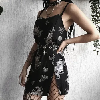 Letné Gotické Šaty Žien Tmy Dragon Tlač Streetwear Módy Krátke Šaty, Sexy Split Bežné Backless Vestidos Goth Girl