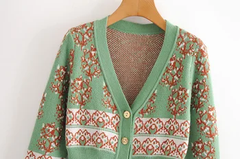 Jeseň Zima Nové 2020 Japonský Vintage Zelená tvaru Krátky Pletený Sveter Módne Slim Žakárové Sveter Kabát Topy Pre Ženy