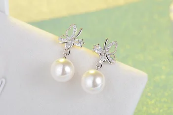 Luxusné Crystal Aaa Zirconia Roztomilý Motýľ Pearl Stud Náušnice Pre Ženy Móda 925 Sterling Silver Náušnice Top Šperky