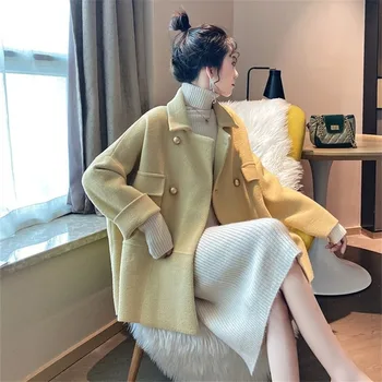 2020 Nový kórejský Módne Malé Vlnené Kabát Ženy Voľné Bežné Imitácia obojstranné Pribrala Dlhým rukávom kórejský Plášť Plášť