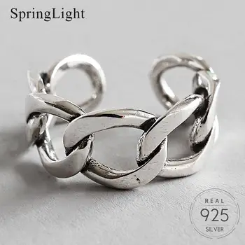 Springlight Vintage Duté Reťazca Otvoriť Krúžok Reálne 925 Sterling Silver Kreatívne Ručné Dizajn Jemné Šperky Prstene pre Ženy Darček