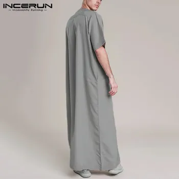 INCERUN Pohodlné Islamskej Saudskej Oblečenie Mužov Šaty Krátke Rukáv V Krku Moslimských Kaftane Rúcha Farbou Zips Jubba Thob 5XL7