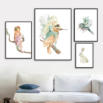 Cartoon trochu víla elf kolibrík králik wall art print nordic plátno plagát a tlač stenu obraz, maľba na plátno