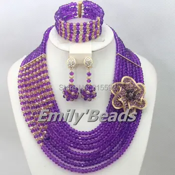 Purple Gold Mix Afrických Svadobné Nigérijský Svadobné Korálky Šperky Set Kostým Afriky Šperky Sady Hot Doprava Zadarmo AEJ429