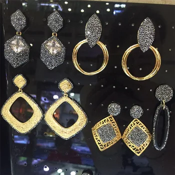 Duté čistého zlata farba geometrický vzor arc prívesky charms pripraviť black drahokamu visieť náušnice pre ženy osobné šperky