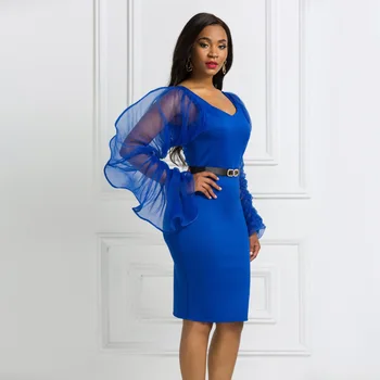 Kráľovská Modrá Dlhá Ilúzia Rukávy Koleno Dĺžke Koktejlové Šaty V Krku Formálnej Strany Šaty Ženy Plus Veľkosť Šaty YSAN479