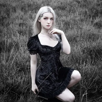 Vintage Čipky Čierne Šaty, Sexy Goth Vysoký Pás Mini Šaty Estetické, Elegantné Krátke Čiary Šaty Strany Klubu Nosiť 2021 Jar