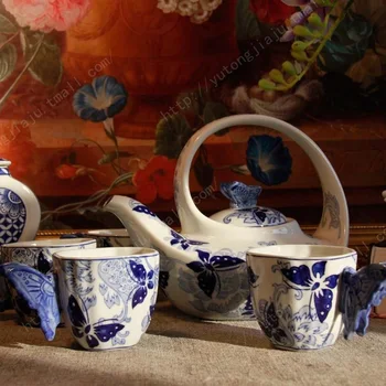 Svadobné dekorácie Kung Fu Teaware Nastaviť Jingdezhen Modré a Biele Porcelánové Motýľ, Láska štvorčlennej Nastaviť