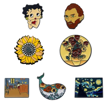 Výtvarník Vincent Van Gogh & Slnečnice Brošne Umelec Preklopke kolíky Smalt Maľovanie Tašky, Klobúky, Šperky Darček