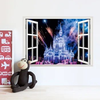 Disney 3Dview okna starého Hradu ohňostroj domov nálepky na stenu-nálepky pre deti izby, spálne, Doplnky, nástenné plagát