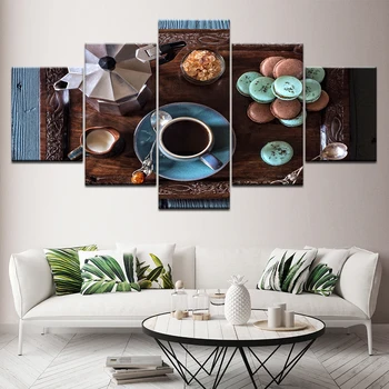 Domáce Dekorácie Modulárny Plagát Obrázky Nástenné Kresby 5 Panel Čaj Káva Macaron Plátno Na Maľovanie Vytlačené Na Obývacia Izba Rám