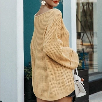 Ashley Bežné ženy pletený pulóver Voľné štýl ostrihané dlhý pulóver svetre O-krku vrecku ženské vonkajšie jumper streetwears