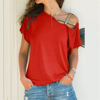 Plus Veľkosť Ženy 2021 Letné T-Shirt Criss Cross Krátke Rukávy Tričko Sexy Jedného Pleca Na Tuhé Topy Blusa Bežné Tričko Tee