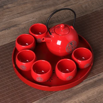 Čínske tradičné červené keramické čaj nastaviť vyhovovali kreatívne svadobné dodávky šálku čaju hrniec zásobník newlywed darček