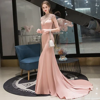 SSYFashion Nový High-end Večerné Šaty Luxusné Ružová Morská panna s Vysokým krku Crstal Lištovanie Fishtail Dlho Formálne Šaty Vestidos De Noche