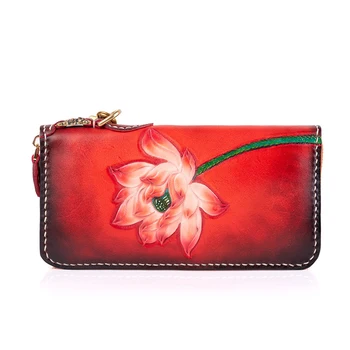 Ženy Originálne Kožené Peňaženky Rezbárstvo Vody Lotus Mobile Phone Bag Peňaženky Žena Spojka Činením Rastlinným Činidlom Kožené Peňaženky