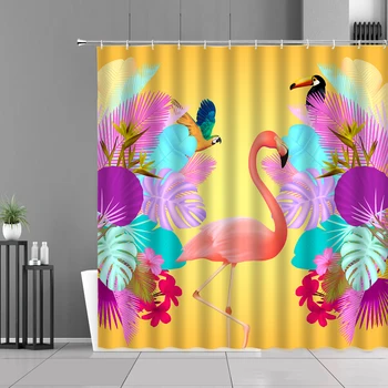 Flamingo Papagáj Toucan Tropických Rastlín, Tlač Sprchový Záves Žltom Pozadí, Kúpeľňa Decor Záclony Nepremokavé Vaňa Obrazovke