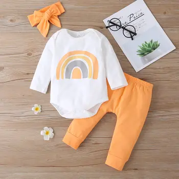 2020 Jeseň Dieťa Dieťa, Chlapec, Dievča Oblečenie Baby Dlhý Rukáv Rainbow Pruhované Tlač Dlhý Rukáv Romper Topy+Nohavice+Čelenka 3-18 M