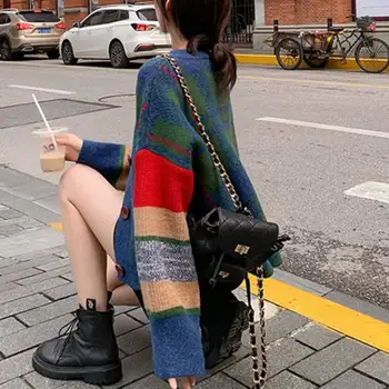 One-piece nový kórejský retro jar sveter ženy voľné Hong Kong chuť lenivý pletené bunda dámy tlačidlo cardigan módne dámy sw