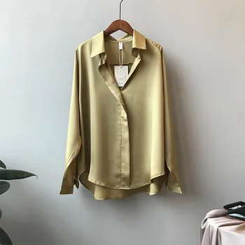 2020 jeseň fashion nové divoký temperament satén V-neck tričko ženskej polovici dĺžky dlho puzdre tričko voľné jednofarebné tričko