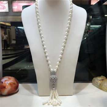 Ručne viazané 8-9 mm 6 mm biela prírodné sladkovodné perly micro vložkou zirkón strapec dlhý sveter reťazca náhrdelník módne šperky 32