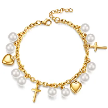 Kúzlo Simulované Pearl Korálky Náramok z Nerezovej Ocele Kríž Srdce Prívesok Pulseras Pre Ženy Módne Šperky