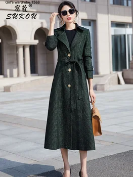 Temperament zelená čierna jeseň dámske oblečenie nové windbreaker windbreaker pás s zatváranie a tenký kabát, kabát
